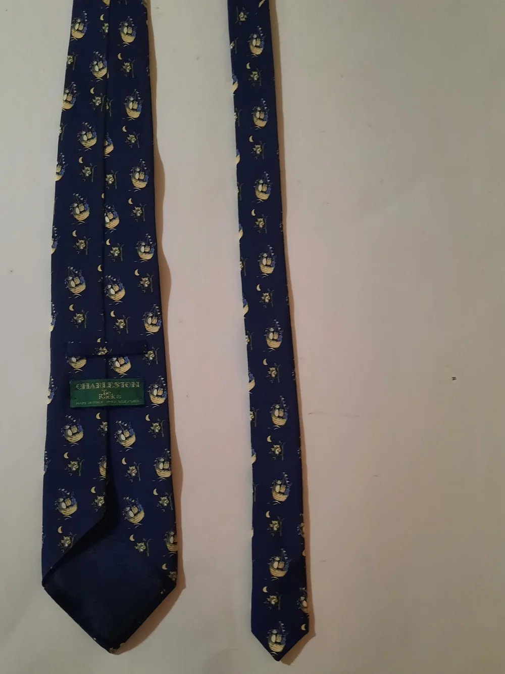 Charleston Tie Rack Navy Blue 100% Silk Whimsical Owl & Moon Print Men's Tie